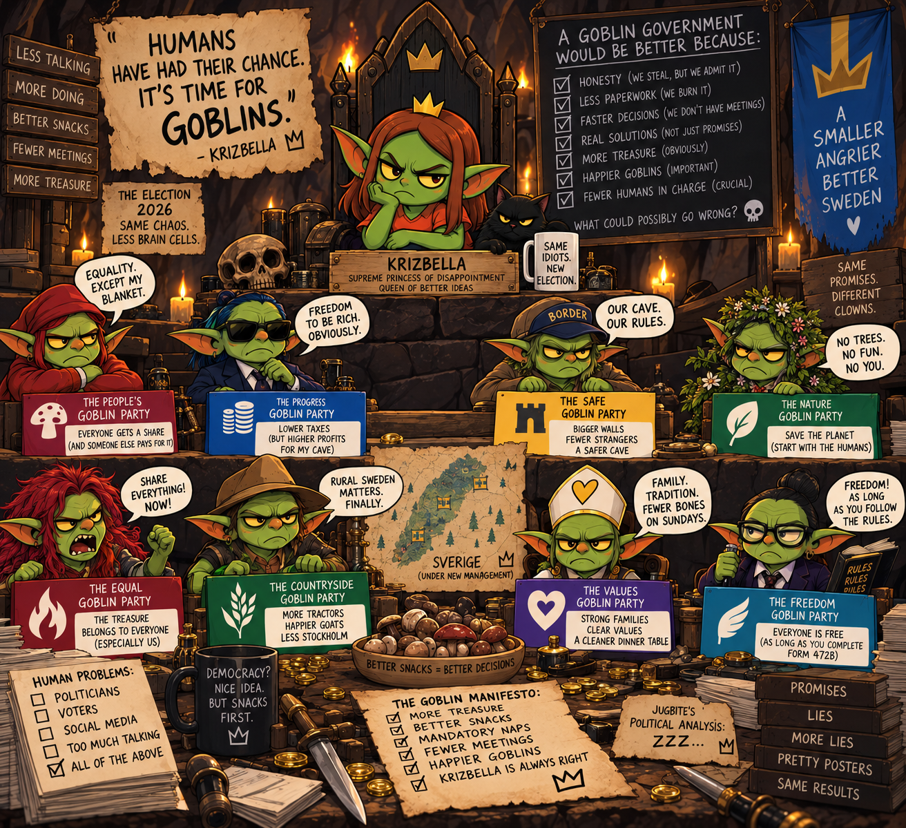 Sweden has tried humans. Krizbella has a better idea: turn every political party into a goblin clan, throw out the paperwork, seize the treasure and let goblins run the country. What could possibly go wrong?